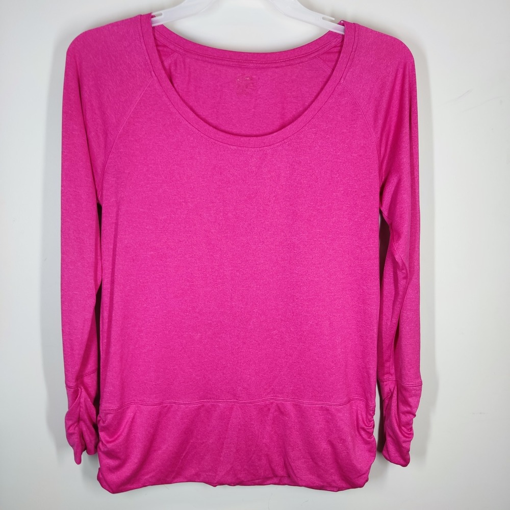 Danskin Now Top Womens M Pink Long Sleeve Ruched Thumbhole Active Workout Tee